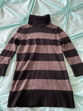 Striped Black and Gray Turtleneck Sweater Dress - Women